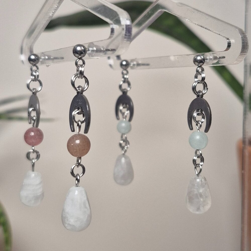 Lunar Earrings with Strawberry Quartz or Blue Angelite